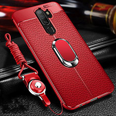 Soft Silicone Gel Leather Snap On Case Cover with Magnetic Finger Ring Stand for Oppo A11 Red