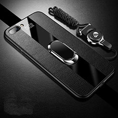 Soft Silicone Gel Leather Snap On Case Cover with Magnetic Finger Ring Stand for Oppo A12e Black