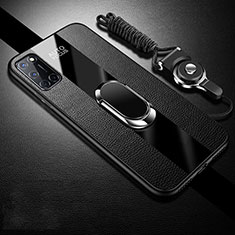 Soft Silicone Gel Leather Snap On Case Cover with Magnetic Finger Ring Stand for Oppo A52 Black