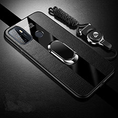 Soft Silicone Gel Leather Snap On Case Cover with Magnetic Finger Ring Stand for Oppo A53 Black