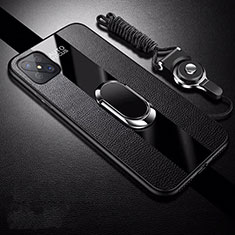 Soft Silicone Gel Leather Snap On Case Cover with Magnetic Finger Ring Stand for Oppo A92s 5G Black