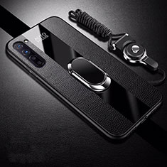 Soft Silicone Gel Leather Snap On Case Cover with Magnetic Finger Ring Stand for Oppo F15 Black