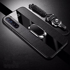 Soft Silicone Gel Leather Snap On Case Cover with Magnetic Finger Ring Stand for Oppo Find X2 Lite Black