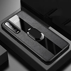 Soft Silicone Gel Leather Snap On Case Cover with Magnetic Finger Ring Stand for Oppo Find X2 Pro Black