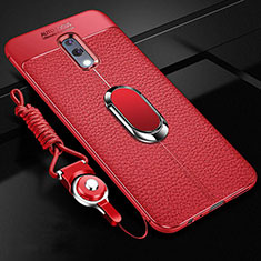 Soft Silicone Gel Leather Snap On Case Cover with Magnetic Finger Ring Stand for Oppo K3 Red