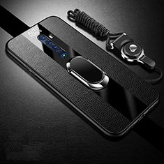 Soft Silicone Gel Leather Snap On Case Cover with Magnetic Finger Ring Stand for Oppo Reno2 Black