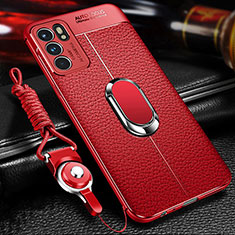 Soft Silicone Gel Leather Snap On Case Cover with Magnetic Finger Ring Stand for Oppo Reno6 5G Red