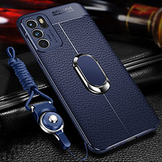 Soft Silicone Gel Leather Snap On Case Cover with Magnetic Finger Ring Stand for Oppo Reno6 Pro 5G India Blue