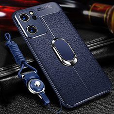 Soft Silicone Gel Leather Snap On Case Cover with Magnetic Finger Ring Stand for Oppo Reno7 5G Blue