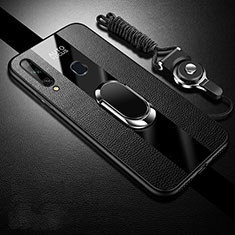 Soft Silicone Gel Leather Snap On Case Cover with Magnetic Finger Ring Stand for Samsung Galaxy A20s Black