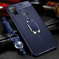 Soft Silicone Gel Leather Snap On Case Cover with Magnetic Finger Ring Stand for Samsung Galaxy M21 Blue