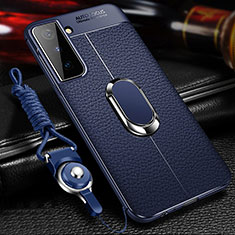 Soft Silicone Gel Leather Snap On Case Cover with Magnetic Finger Ring Stand for Samsung Galaxy S21 5G Blue