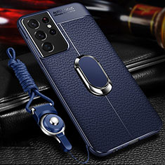 Soft Silicone Gel Leather Snap On Case Cover with Magnetic Finger Ring Stand for Samsung Galaxy S21 Ultra 5G Blue