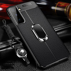 Soft Silicone Gel Leather Snap On Case Cover with Magnetic Finger Ring Stand for Samsung Galaxy S22 5G Black