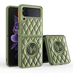 Soft Silicone Gel Leather Snap On Case Cover with Magnetic Finger Ring Stand for Samsung Galaxy Z Flip3 5G Army green