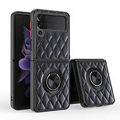 Soft Silicone Gel Leather Snap On Case Cover with Magnetic Finger Ring Stand for Samsung Galaxy Z Flip3 5G Black