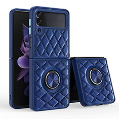 Soft Silicone Gel Leather Snap On Case Cover with Magnetic Finger Ring Stand for Samsung Galaxy Z Flip3 5G Blue