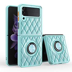 Soft Silicone Gel Leather Snap On Case Cover with Magnetic Finger Ring Stand for Samsung Galaxy Z Flip3 5G Cyan