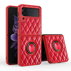 Soft Silicone Gel Leather Snap On Case Cover with Magnetic Finger Ring Stand for Samsung Galaxy Z Flip3 5G Red