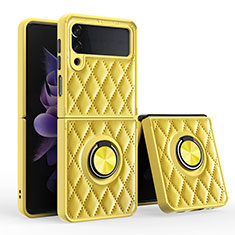 Soft Silicone Gel Leather Snap On Case Cover with Magnetic Finger Ring Stand for Samsung Galaxy Z Flip3 5G Yellow
