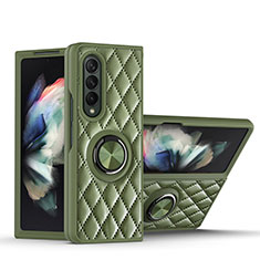 Soft Silicone Gel Leather Snap On Case Cover with Magnetic Finger Ring Stand for Samsung Galaxy Z Fold3 5G Army green