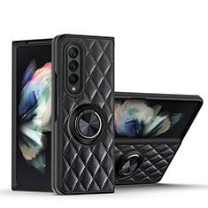 Soft Silicone Gel Leather Snap On Case Cover with Magnetic Finger Ring Stand for Samsung Galaxy Z Fold3 5G Black