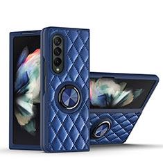Soft Silicone Gel Leather Snap On Case Cover with Magnetic Finger Ring Stand for Samsung Galaxy Z Fold3 5G Blue