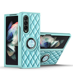 Soft Silicone Gel Leather Snap On Case Cover with Magnetic Finger Ring Stand for Samsung Galaxy Z Fold3 5G Mint Blue