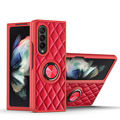 Soft Silicone Gel Leather Snap On Case Cover with Magnetic Finger Ring Stand for Samsung Galaxy Z Fold3 5G Red