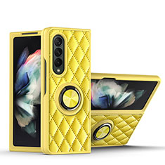 Soft Silicone Gel Leather Snap On Case Cover with Magnetic Finger Ring Stand for Samsung Galaxy Z Fold3 5G Yellow