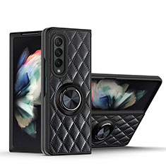 Soft Silicone Gel Leather Snap On Case Cover with Magnetic Finger Ring Stand for Samsung Galaxy Z Fold4 5G Black