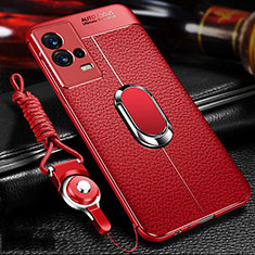 Soft Silicone Gel Leather Snap On Case Cover with Magnetic Finger Ring Stand for Vivo iQOO 8 Pro 5G Red