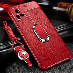 Soft Silicone Gel Leather Snap On Case Cover with Magnetic Finger Ring Stand for Vivo V20 Pro 5G Red