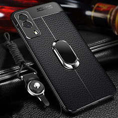 Soft Silicone Gel Leather Snap On Case Cover with Magnetic Finger Ring Stand for Vivo V21e 5G Black