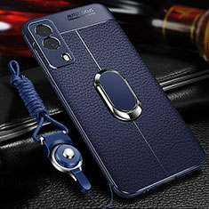 Soft Silicone Gel Leather Snap On Case Cover with Magnetic Finger Ring Stand for Vivo V21e 5G Blue
