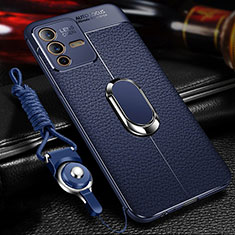 Soft Silicone Gel Leather Snap On Case Cover with Magnetic Finger Ring Stand for Vivo V23 5G Blue