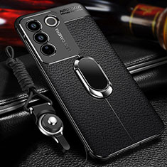 Soft Silicone Gel Leather Snap On Case Cover with Magnetic Finger Ring Stand for Vivo V27 5G Black