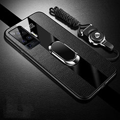 Soft Silicone Gel Leather Snap On Case Cover with Magnetic Finger Ring Stand for Vivo X51 5G Black
