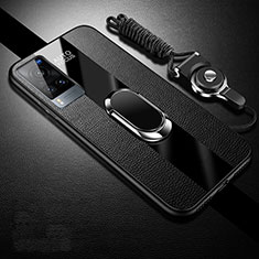 Soft Silicone Gel Leather Snap On Case Cover with Magnetic Finger Ring Stand for Vivo X60T 5G Black