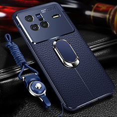 Soft Silicone Gel Leather Snap On Case Cover with Magnetic Finger Ring Stand for Vivo X80 5G Blue