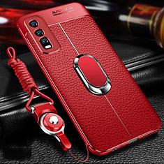 Soft Silicone Gel Leather Snap On Case Cover with Magnetic Finger Ring Stand for Vivo Y11s Red