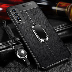 Soft Silicone Gel Leather Snap On Case Cover with Magnetic Finger Ring Stand for Vivo Y30 Black