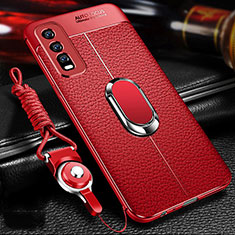 Soft Silicone Gel Leather Snap On Case Cover with Magnetic Finger Ring Stand for Vivo Y30 Red