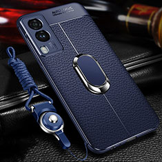 Soft Silicone Gel Leather Snap On Case Cover with Magnetic Finger Ring Stand for Vivo Y71t 5G Blue