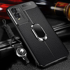Soft Silicone Gel Leather Snap On Case Cover with Magnetic Finger Ring Stand for Vivo Y74s 5G Black