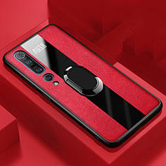 Soft Silicone Gel Leather Snap On Case Cover with Magnetic Finger Ring Stand for Xiaomi Mi 10 Pro Red