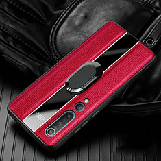 Soft Silicone Gel Leather Snap On Case Cover with Magnetic Finger Ring Stand for Xiaomi Mi 10 Red