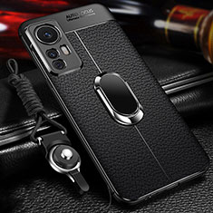 Soft Silicone Gel Leather Snap On Case Cover with Magnetic Finger Ring Stand for Xiaomi Mi 12 Pro 5G Black