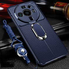 Soft Silicone Gel Leather Snap On Case Cover with Magnetic Finger Ring Stand for Xiaomi Mi 12 Ultra 5G Blue