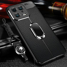Soft Silicone Gel Leather Snap On Case Cover with Magnetic Finger Ring Stand for Xiaomi Mi 13 5G Black